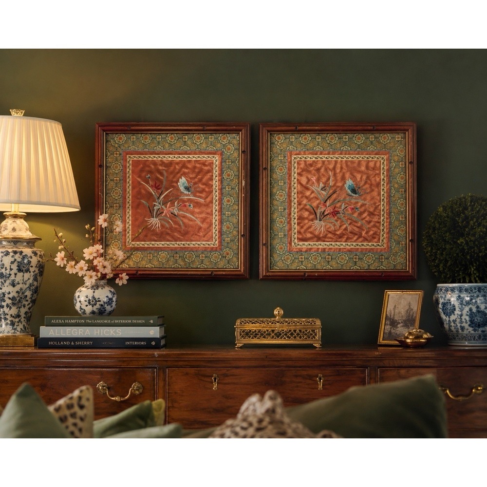 Asian Silk Embroidery Framed Wall Art Pair Butterfly Floral Satin Panels‎ 14.5"
